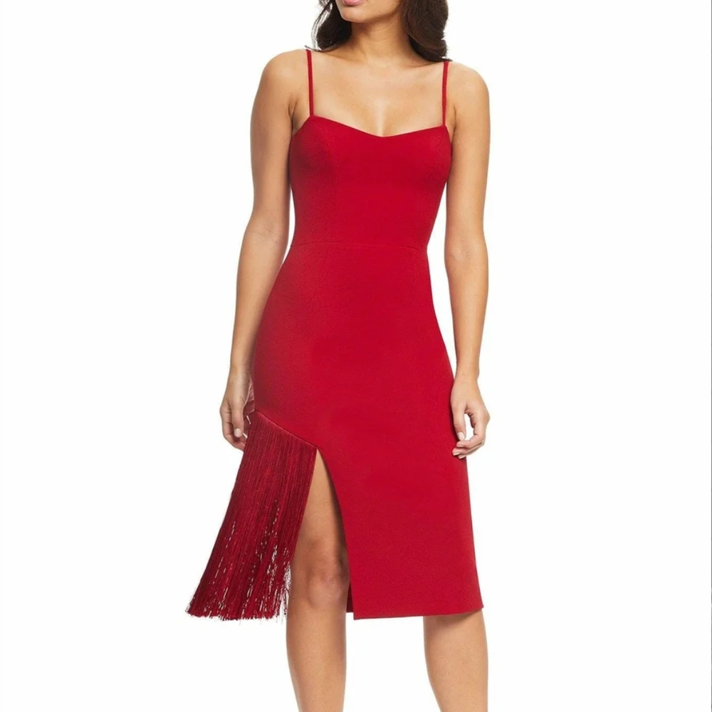 Elegant Red Spaghetti Strap Dress with Fringe